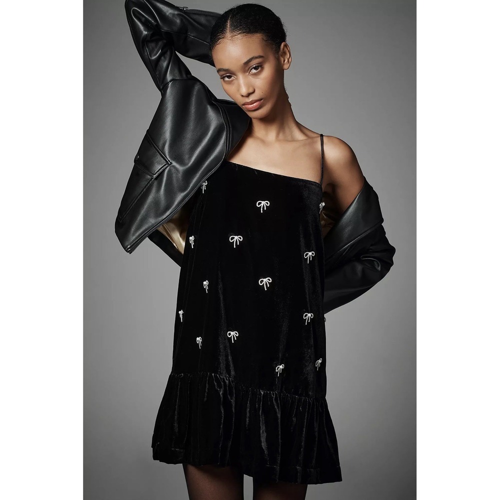 NWT Anthropologie Maeve Black Bow Velvet Mini Dress Sz MP Parisian Chic Dollcore